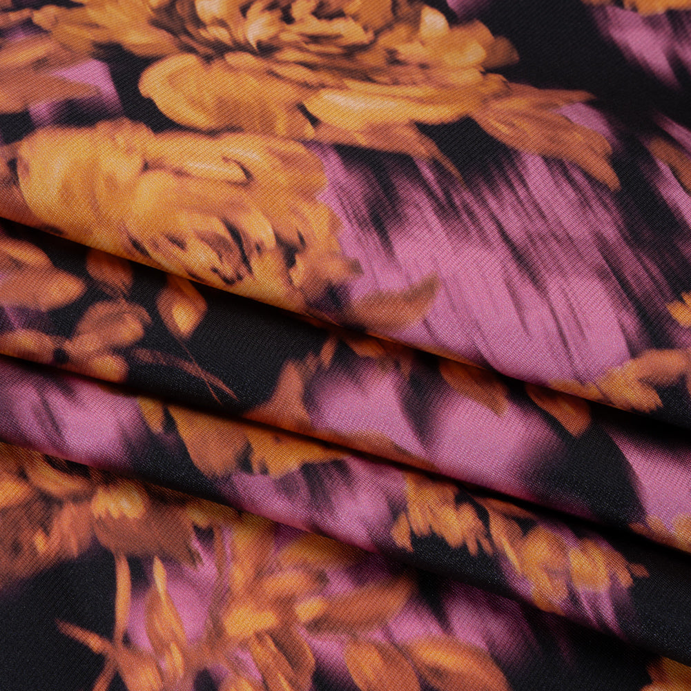 Polyester Mikado - Orange, Pink and Black Ikat Roses - Mood Exclusive Echoed Illusions Print - Folded Polyester Mikado - Orange, Pink and Black Ikat Roses - Mood Exclusive Echoed Illusions Print - Folded