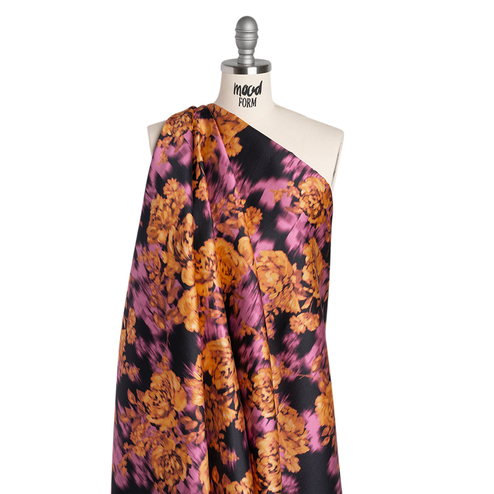 Polyester Mikado - Orange, Pink and Black Ikat Roses - Mood Exclusive Echoed Illusions Print - Drape Polyester Mikado - Orange, Pink and Black Ikat Roses - Mood Exclusive Echoed Illusions Print - Drape