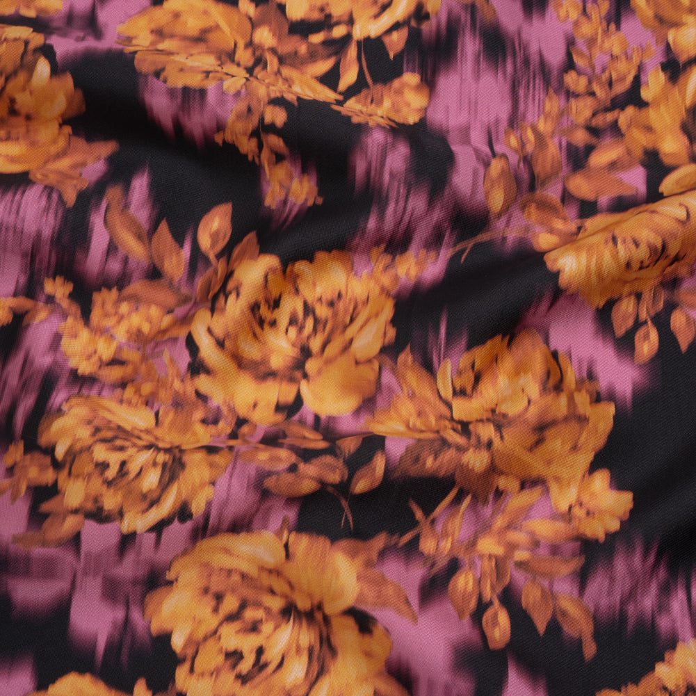Polyester Mikado - Orange, Pink and Black Ikat Roses - Mood Exclusive Echoed Illusions Print Polyester Mikado - Orange, Pink and Black Ikat Roses - Mood Exclusive Echoed Illusions Print