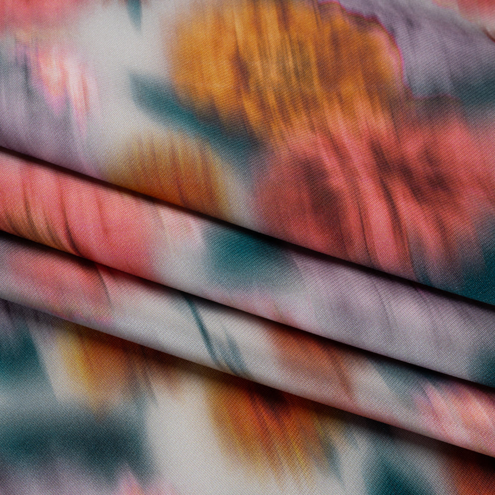 Polyester Mikado - Red Orange, Lilac and Dark Teal Ikat Flowers - Mood Exclusive Echoes of Eden Print Polyester Mikado - Red Orange, Lilac and Dark Teal Ikat Flowers - Mood Exclusive Echoes of Eden Print