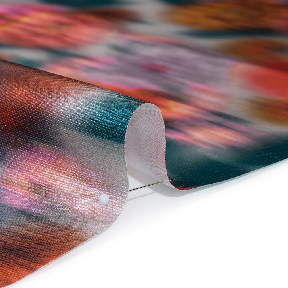 Polyester Mikado - Red Orange, Lilac and Dark Teal Ikat Flowers - Mood Exclusive Echoes of Eden Print Polyester Mikado - Red Orange, Lilac and Dark Teal Ikat Flowers - Mood Exclusive Echoes of Eden Print