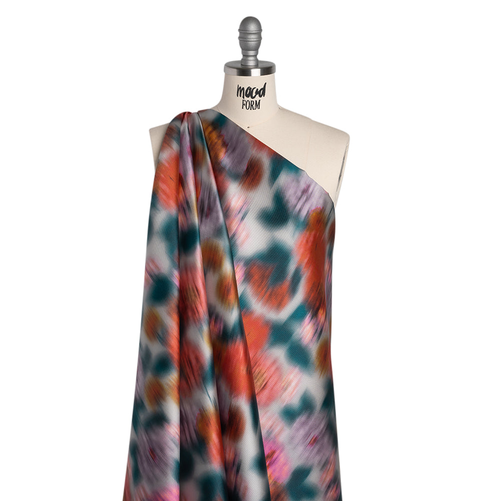 Polyester Mikado - Red Orange, Lilac and Dark Teal Ikat Flowers - Mood Exclusive Echoes of Eden Print Polyester Mikado - Red Orange, Lilac and Dark Teal Ikat Flowers - Mood Exclusive Echoes of Eden Print