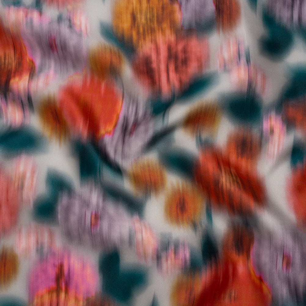 Polyester Mikado - Red Orange, Lilac and Dark Teal Ikat Flowers - Mood Exclusive Echoes of Eden Print Polyester Mikado - Red Orange, Lilac and Dark Teal Ikat Flowers - Mood Exclusive Echoes of Eden Print