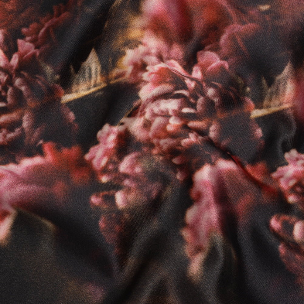 Polyester Mikado - Pink, Black and Golden Brown Hazy Carnations - Mood Exclusive Carnation Close-Up Print Drape Polyester Mikado - Pink, Black and Golden Brown Hazy Carnations - Mood Exclusive Carnation Close-Up Print Drape