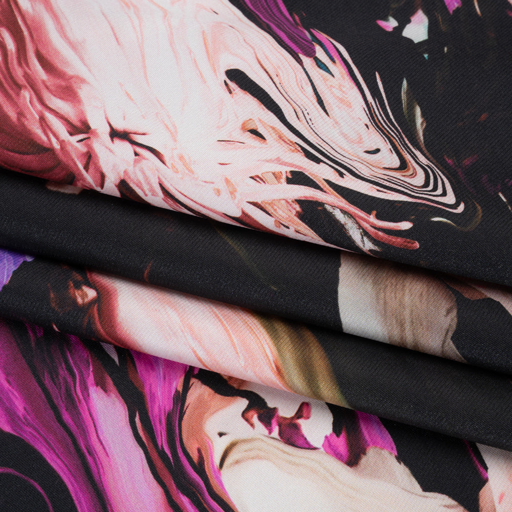 Polyester Mikado - Black, Pink and Purple Abstracted Melting Flowers - Mood Exclusive Surreal Symphony Print - Detail Polyester Mikado - Black, Pink and Purple Abstracted Melting Flowers - Mood Exclusive Surreal Symphony Print - Detail