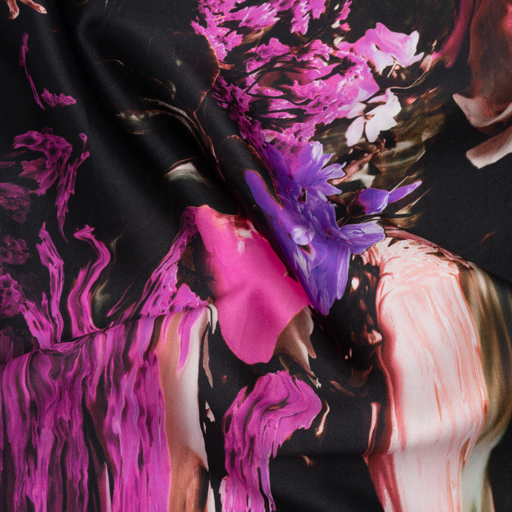 Polyester Mikado - Black, Pink and Purple Abstracted Melting Flowers - Mood Exclusive Surreal Symphony Print - Drape Polyester Mikado - Black, Pink and Purple Abstracted Melting Flowers - Mood Exclusive Surreal Symphony Print - Drape