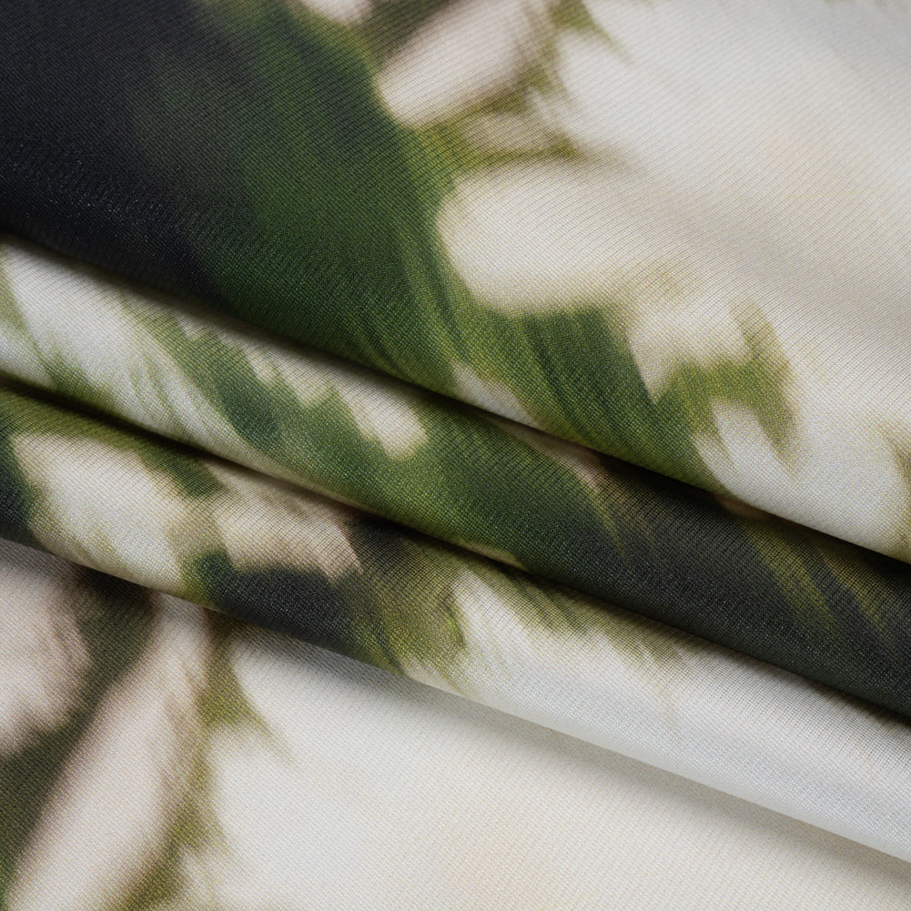 Polyester Mikado - Green and White Ikat Floral Silhouettes - Mood Exclusive Glowscape Garden Print - Folded Polyester Mikado - Green and White Ikat Floral Silhouettes - Mood Exclusive Glowscape Garden Print - Folded
