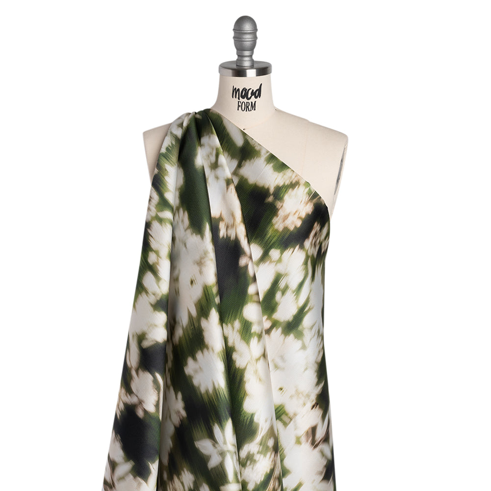 Polyester Mikado - Green and White Ikat Floral Silhouettes - Mood Exclusive Glowscape Garden Print - Drape Polyester Mikado - Green and White Ikat Floral Silhouettes - Mood Exclusive Glowscape Garden Print - Drape
