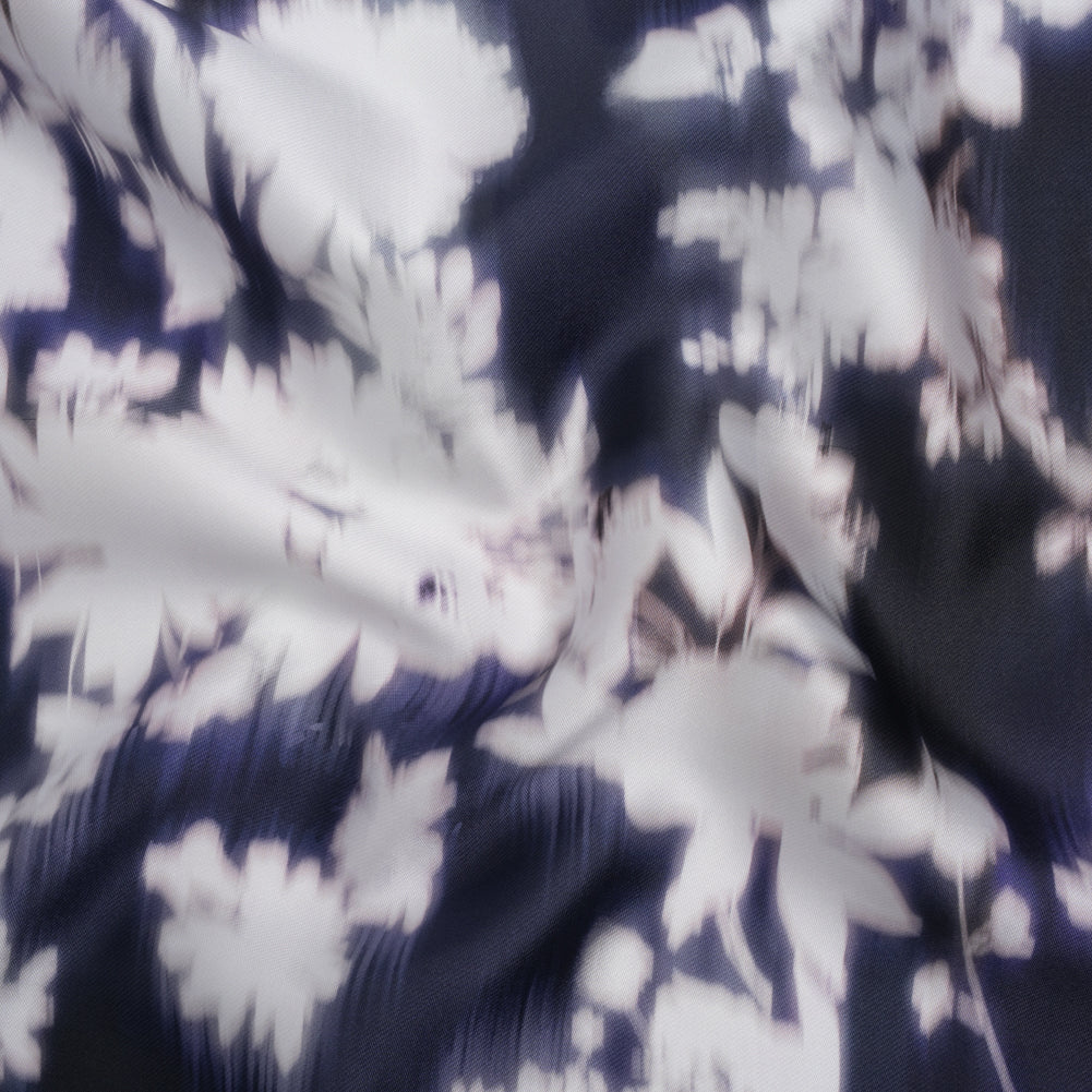 Polyester Mikado - Navy and White Ikat Floral Silhouettes - Mood Exclusive Glowscape Garden Print Polyester Mikado - Navy and White Ikat Floral Silhouettes - Mood Exclusive Glowscape Garden Print