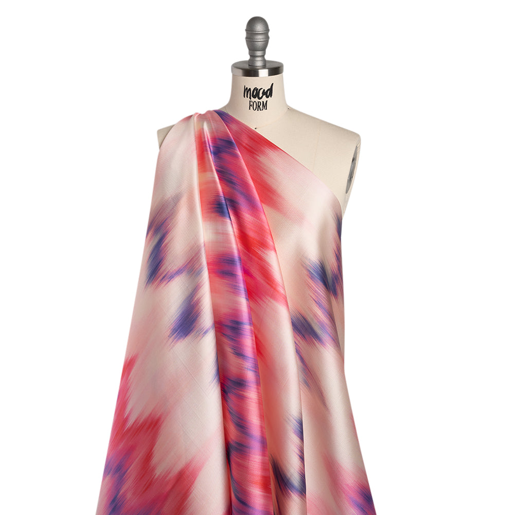 Polyester Mikado - Pink, Purple and Peach Ikat Zig Zag Stripes - Mood Exclusive High Horizons Print - Folded Polyester Mikado - Pink, Purple and Peach Ikat Zig Zag Stripes - Mood Exclusive High Horizons Print - Folded