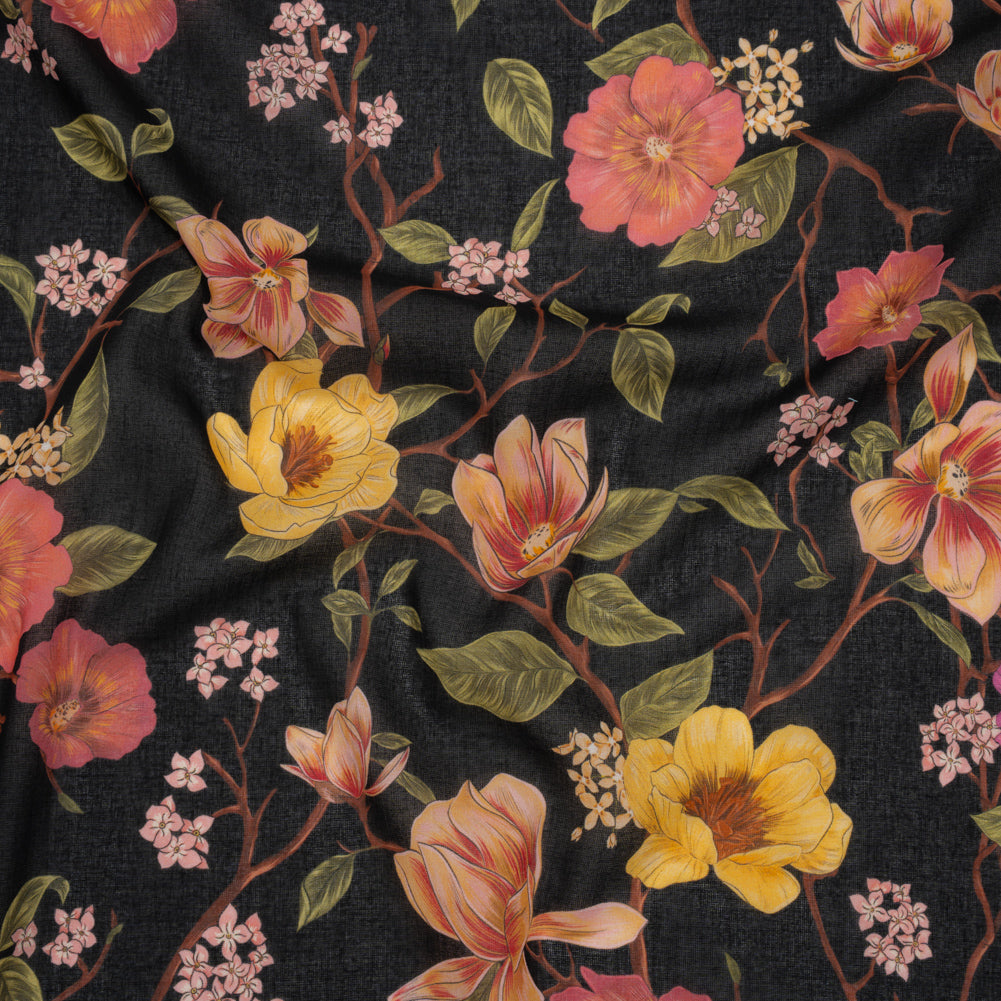 Cotton Voile - Pink, Fuchsia Purple and Black Flowering Branches - Mood Exclusive Eve’s Euphoria Print - Drape Cotton Voile - Pink, Fuchsia Purple and Black Flowering Branches - Mood Exclusive Eve’s Euphoria Print - Drape
