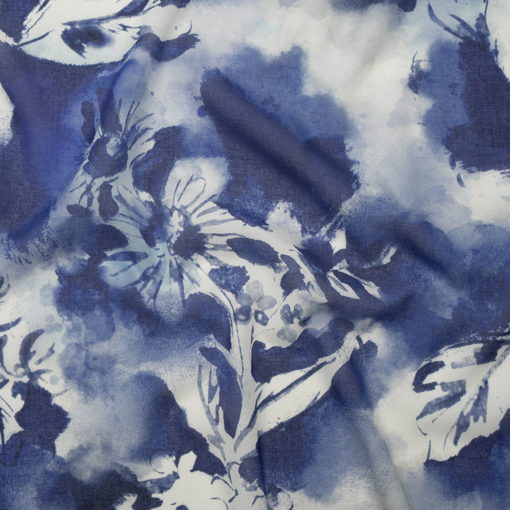 Cotton Voile - Dark Blue and White Watercolor Flowers - Mood Exclusive Inkblot Inspirations Print Cotton Voile - Dark Blue and White Watercolor Flowers - Mood Exclusive Inkblot Inspirations Print