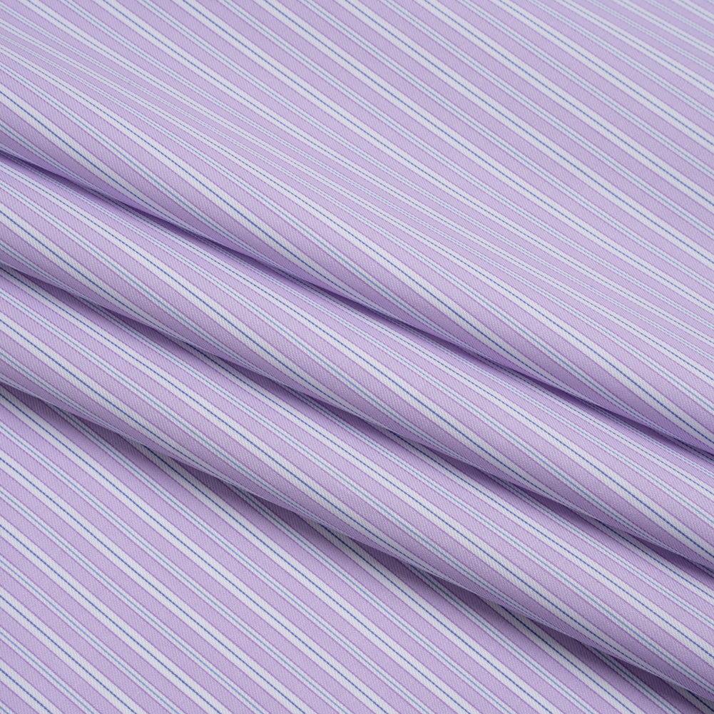 Tela de camisa de sarga de algodón fabricada en Italia - Rayas lavanda, blancas y azul marino - Nuevo stock Tela de camisa de sarga de algodón fabricada en Italia - Rayas lavanda, blancas y azul marino - Nuevo stock