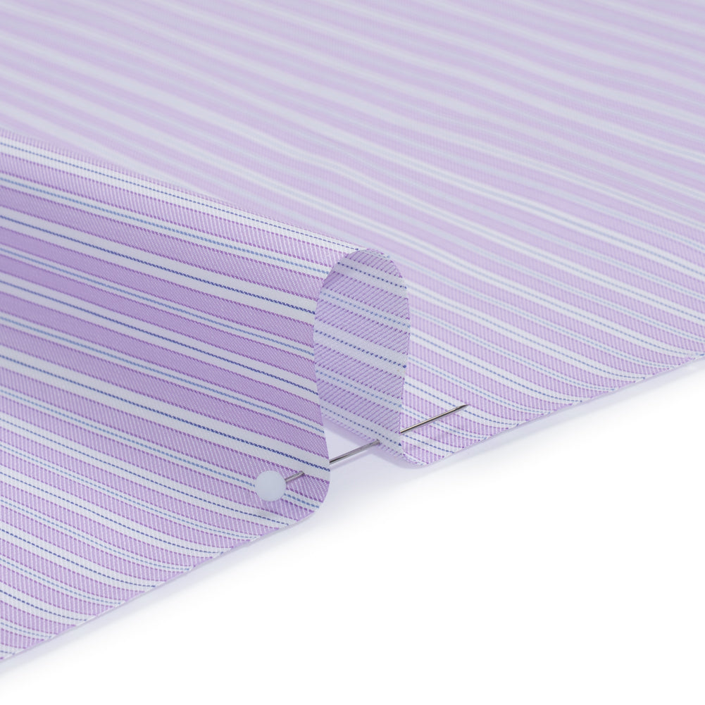 Tela de camisa de sarga de algodón fabricada en Italia - Rayas lavanda, blancas y azul marino - Nuevo stock Tela de camisa de sarga de algodón fabricada en Italia - Rayas lavanda, blancas y azul marino - Nuevo stock