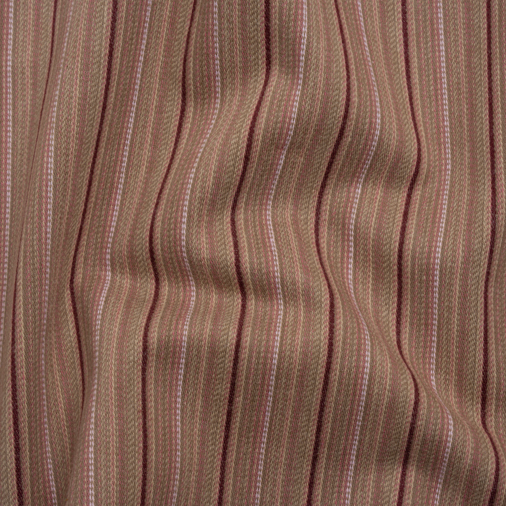 Brushed Stretch Cotton Twill - Taupe, Rose Pink and Berry Red Stripes - Deadstock Brushed Stretch Cotton Twill - Taupe, Rose Pink and Berry Red Stripes - Deadstock