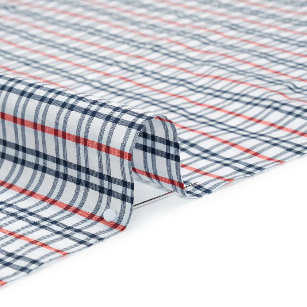 Cotton Shirting - Navy, Sky Blue and Red Plaid - Deadstock Cotton Shirting - Navy, Sky Blue and Red Plaid - Deadstock