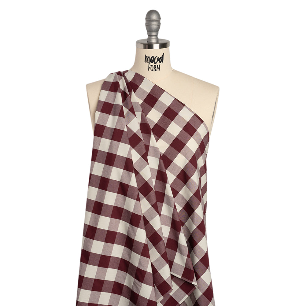 Cotton Shirting - Burgundy and Cream Buffalo Check - Deadstock Cotton Shirting - Burgundy and Cream Buffalo Check - Deadstock