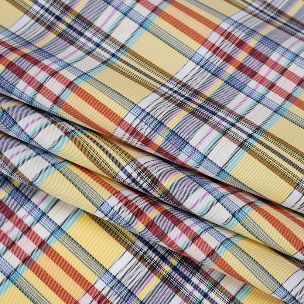 Cotton Twill Shirting - Butter Yellow, Brown and Blue Plaid - Deadstock Cotton Twill Shirting - Butter Yellow, Brown and Blue Plaid - Deadstock