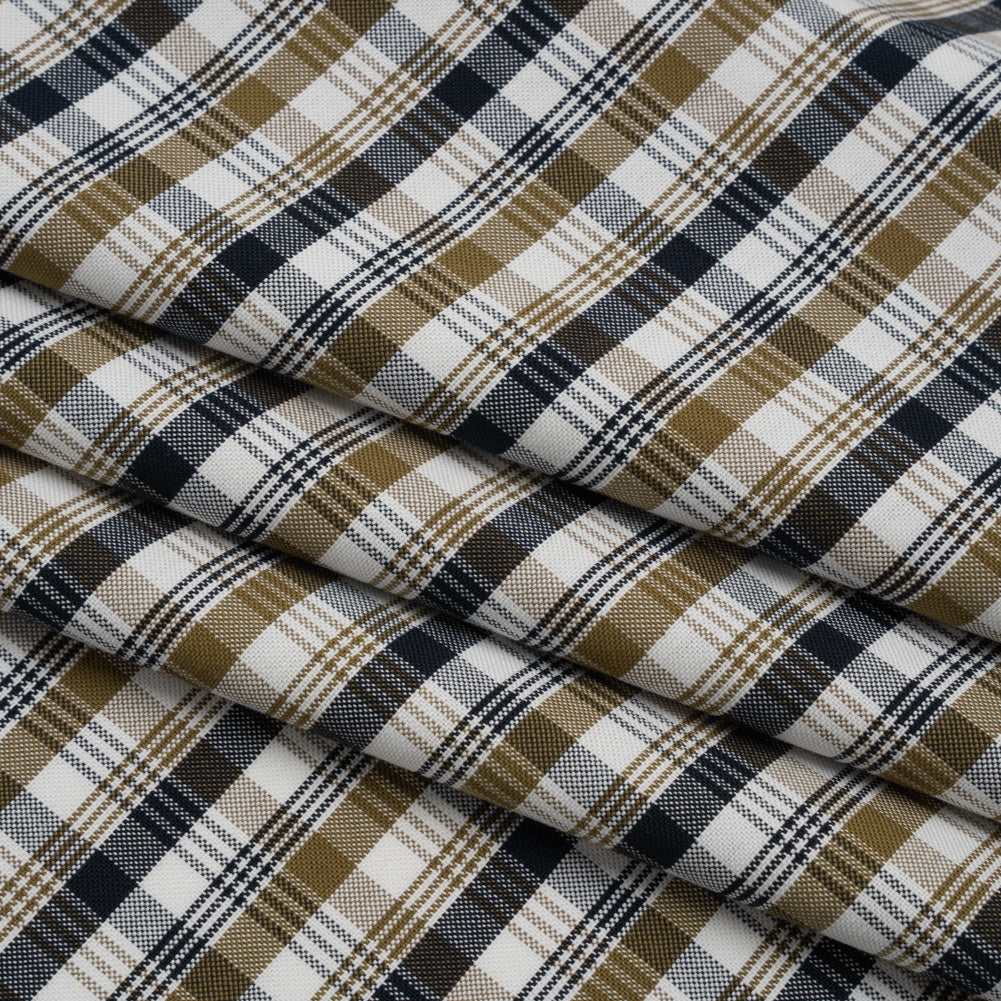 Cotton Oxford Shirting - Khaki, Navy and White Plaid - Deadstock Cotton Oxford Shirting - Khaki, Navy and White Plaid - Deadstock
