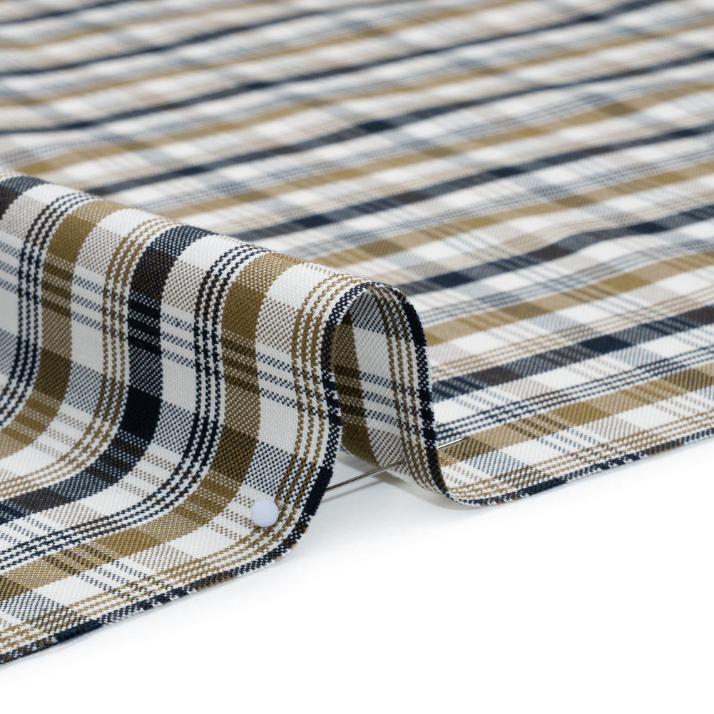 Cotton Oxford Shirting - Khaki, Navy and White Plaid - Deadstock Cotton Oxford Shirting - Khaki, Navy and White Plaid - Deadstock