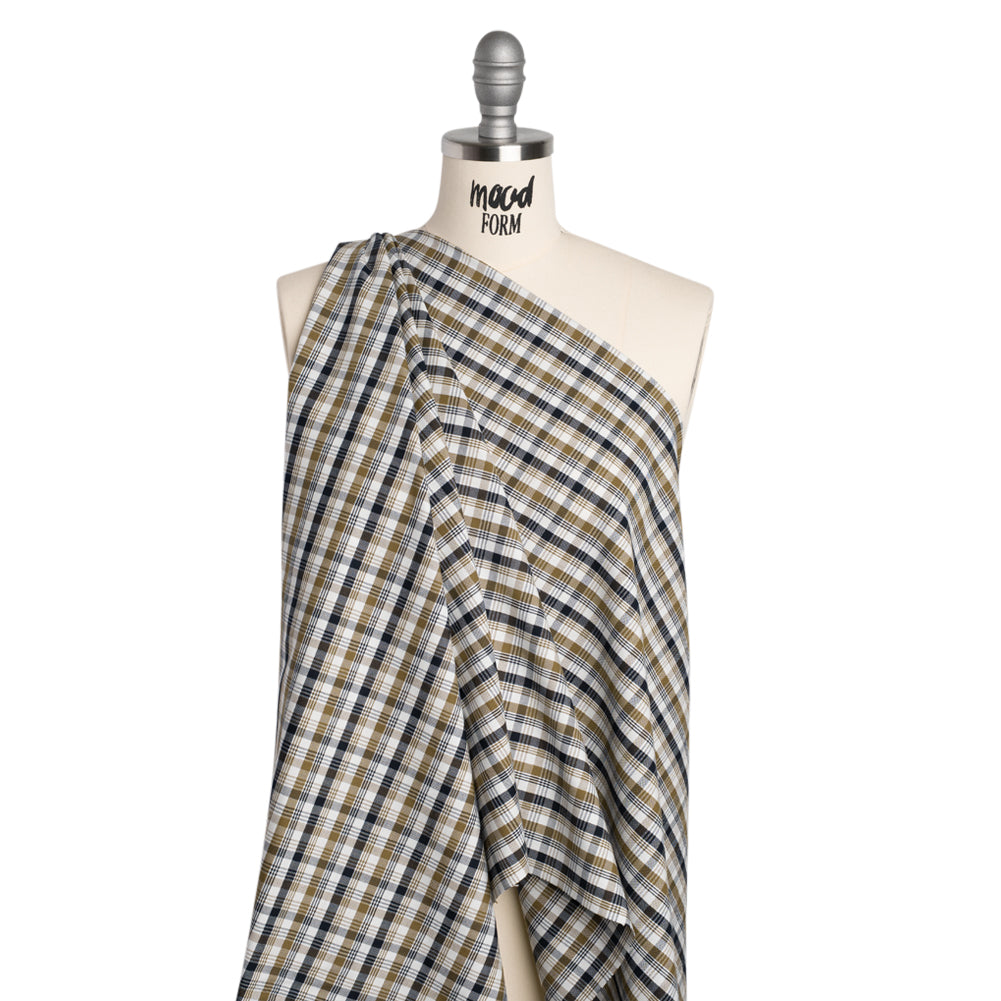 Cotton Oxford Shirting - Khaki, Navy and White Plaid - Deadstock Cotton Oxford Shirting - Khaki, Navy and White Plaid - Deadstock