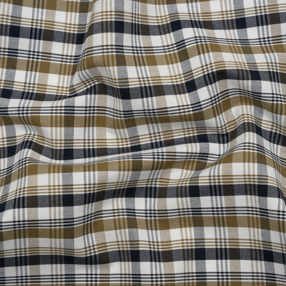 Cotton Oxford Shirting - Khaki, Navy and White Plaid - Deadstock Cotton Oxford Shirting - Khaki, Navy and White Plaid - Deadstock