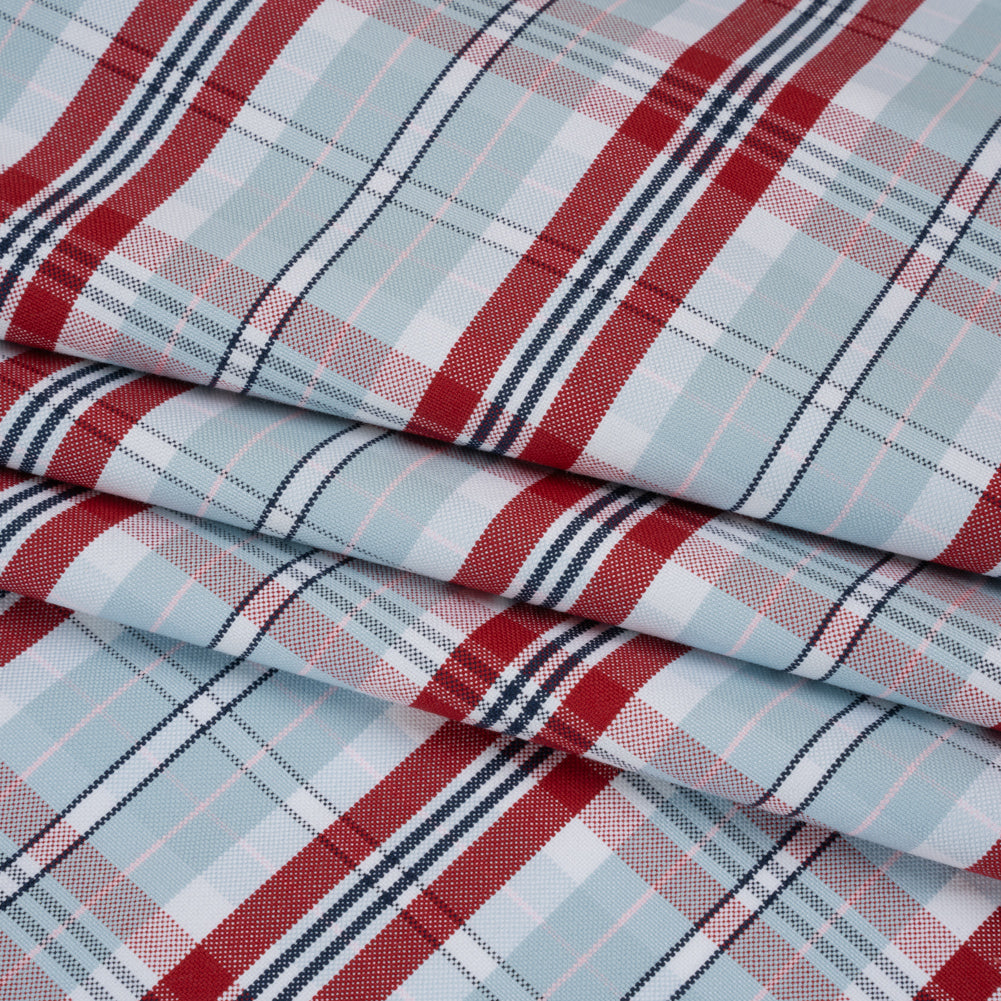 Cotton Oxford Shirting - Sky Blue, Red and White Plaid - Deadstock - Folded Cotton Oxford Shirting - Sky Blue, Red and White Plaid - Deadstock - Folded