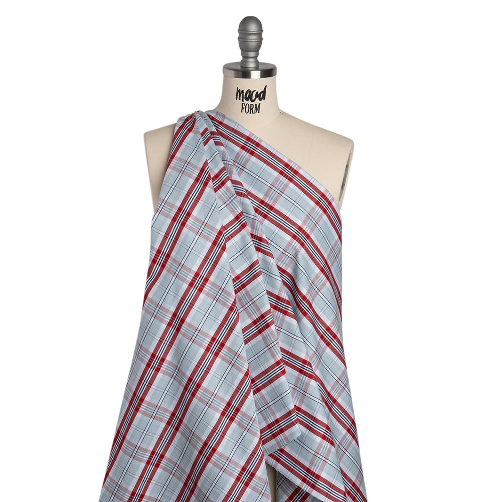 Cotton Oxford Shirting - Sky Blue, Red and White Plaid - Deadstock - Drape Cotton Oxford Shirting - Sky Blue, Red and White Plaid - Deadstock - Drape