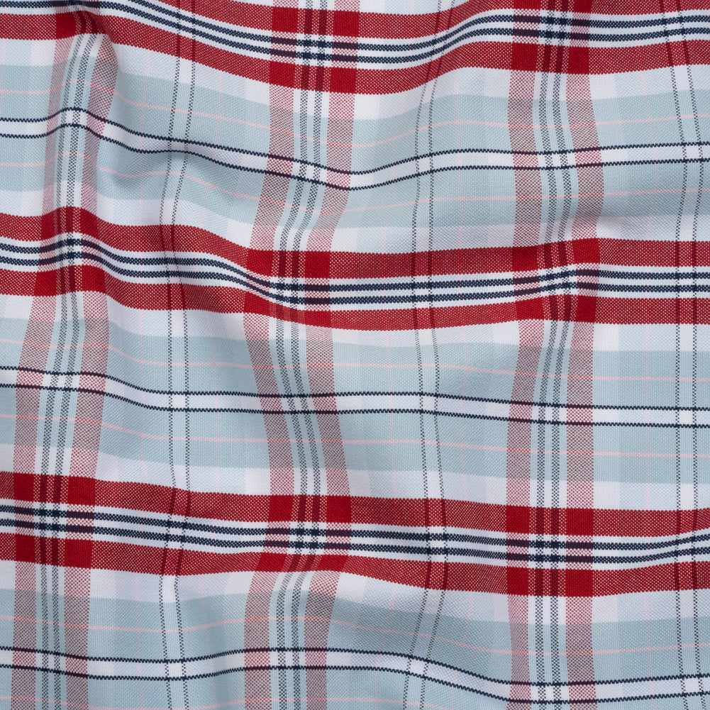 Cotton Oxford Shirting - Sky Blue, Red and White Plaid - Deadstock Cotton Oxford Shirting - Sky Blue, Red and White Plaid - Deadstock