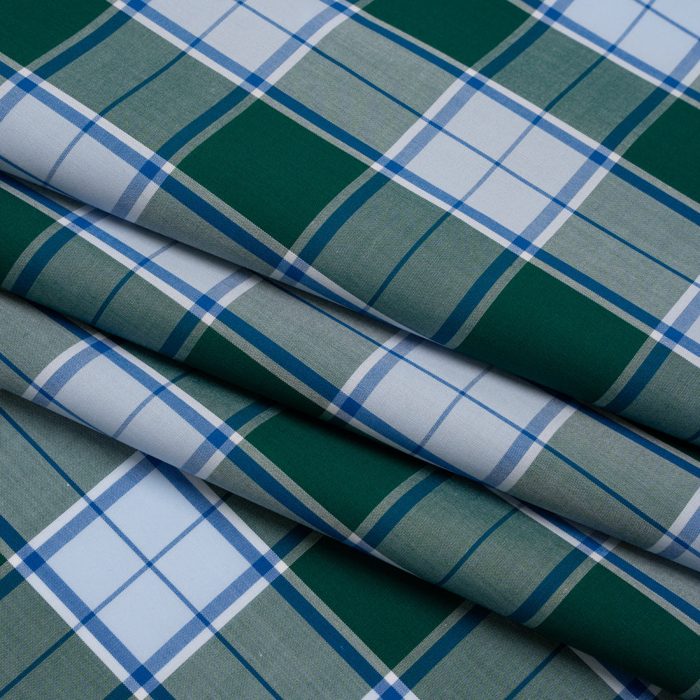 Cotton Shirting - Forest Green and Sky Blue Plaid - Designer Deadstock Cotton Shirting - Forest Green and Sky Blue Plaid - Designer Deadstock