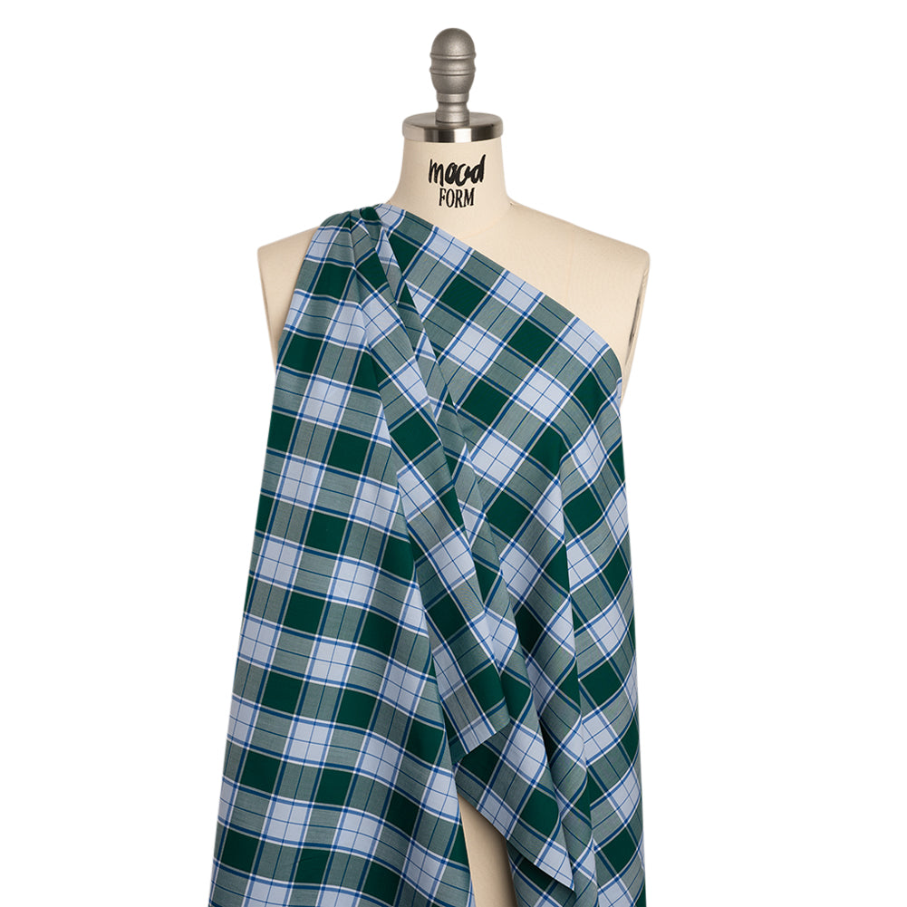 Cotton Shirting - Forest Green and Sky Blue Plaid - Designer Deadstock Cotton Shirting - Forest Green and Sky Blue Plaid - Designer Deadstock