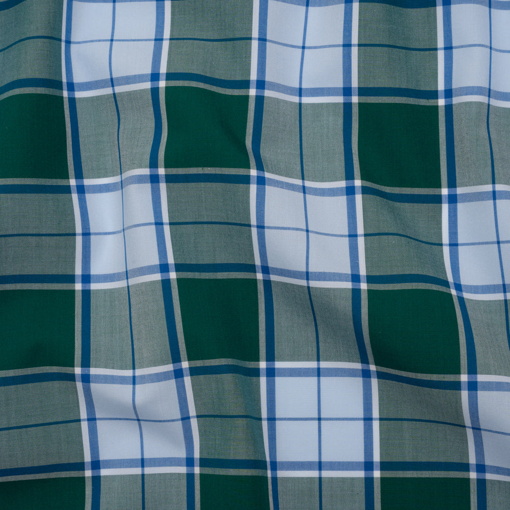 Cotton Shirting - Forest Green and Sky Blue Plaid - Designer Deadstock Cotton Shirting - Forest Green and Sky Blue Plaid - Designer Deadstock