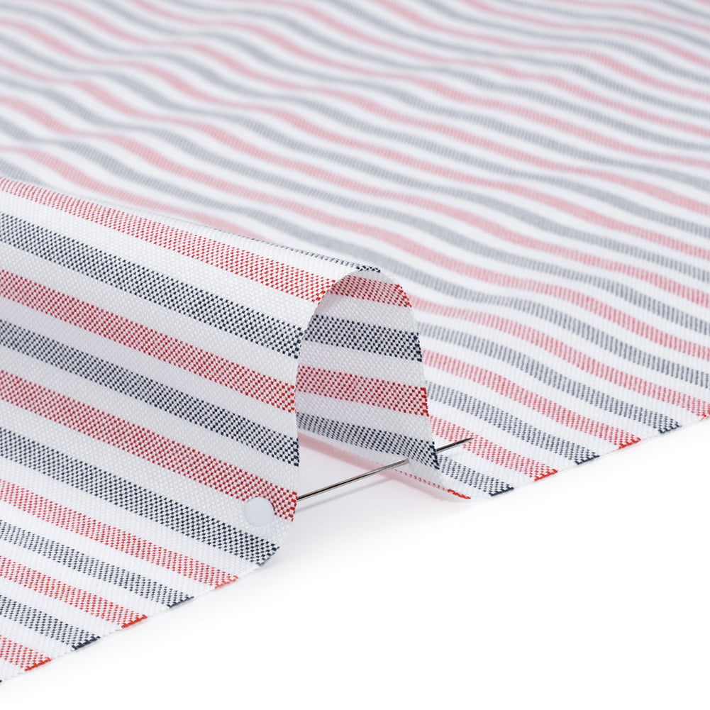 Cotton Oxford Shirting - Navy Blue, Red and White Candy Stripes - Deadstock Cotton Oxford Shirting - Navy Blue, Red and White Candy Stripes - Deadstock