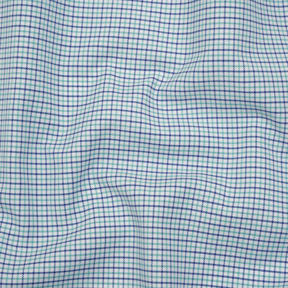 Cotton Oxford Shirting - Navy Blue, Sea Green and White Tattersall Check - Deadstock Cotton Oxford Shirting - Navy Blue, Sea Green and White Tattersall Check - Deadstock
