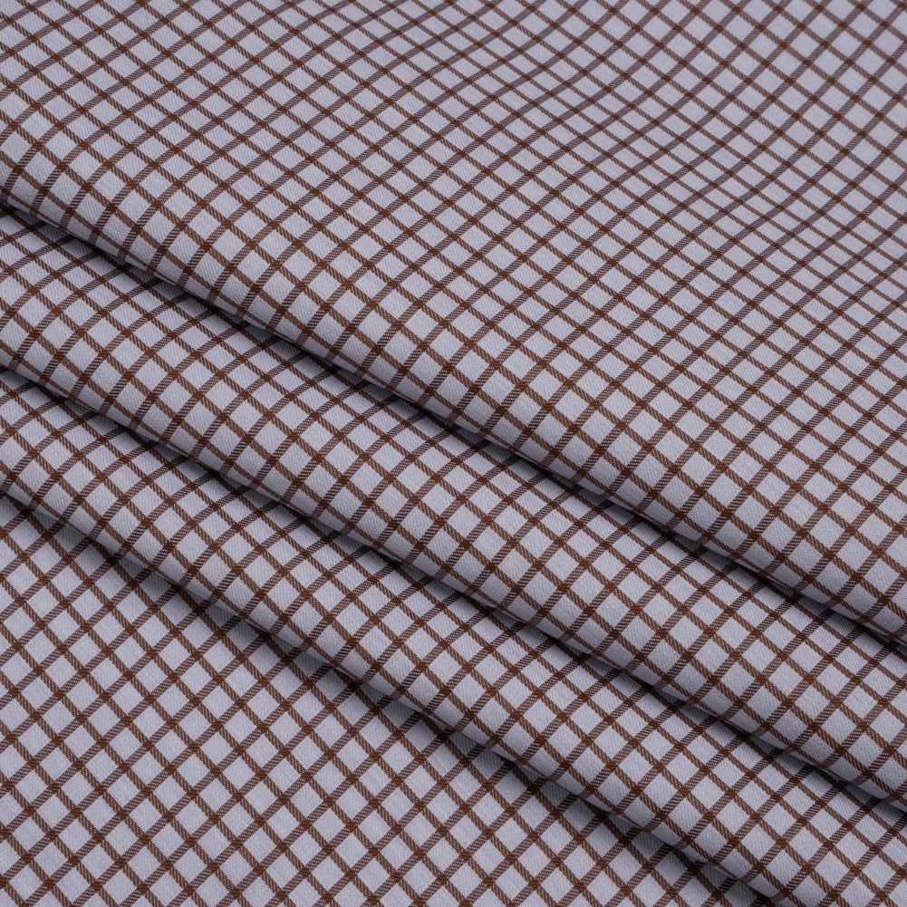 Cotton Twill Shirting Made in Italy - Pale Lavender and Brown Little Windowpane Check - Deadstock - Folded Cotton Twill Shirting Made in Italy - Pale Lavender and Brown Little Windowpane Check - Deadstock - Folded