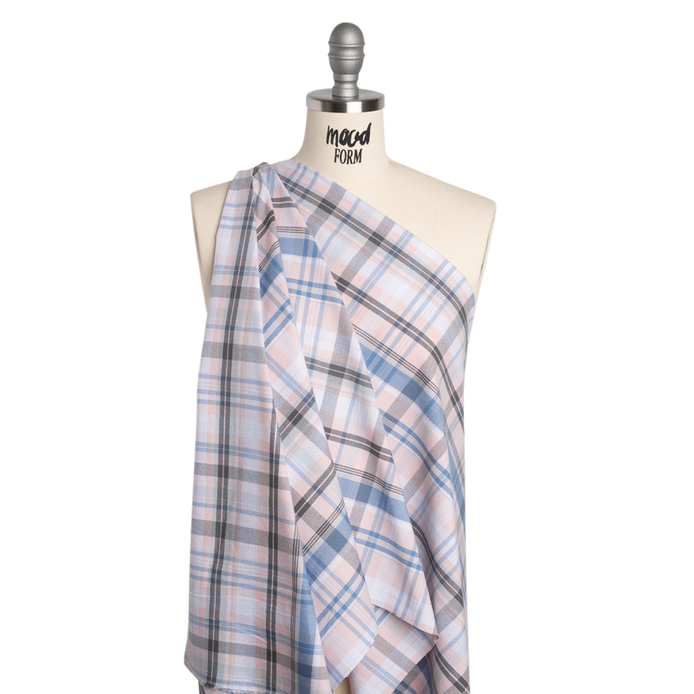 Cotton Oxford Shirting - Pink, Sky Blue and Charcoal Plaid - Deadstock Cotton Oxford Shirting - Pink, Sky Blue and Charcoal Plaid - Deadstock