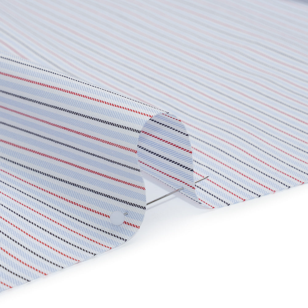 Cotton Twill Shirting - Baby Blue, Red and Black Stripes - Deadstock Cotton Twill Shirting - Baby Blue, Red and Black Stripes - Deadstock