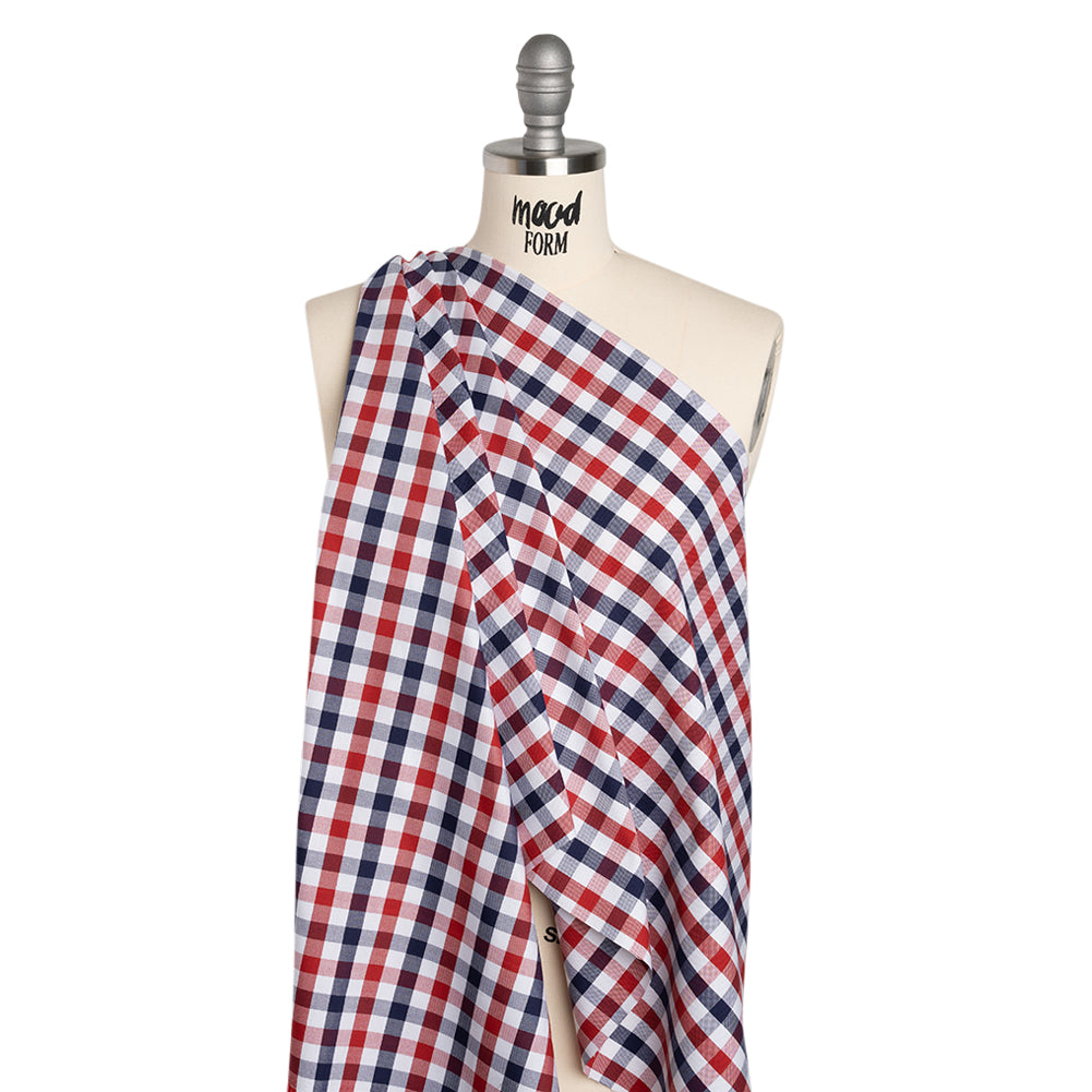 Cotton Oxford Shirting - Red, White and Blue Tattersall Checks - Deadstock - Drape Cotton Oxford Shirting - Red, White and Blue Tattersall Checks - Deadstock - Drape