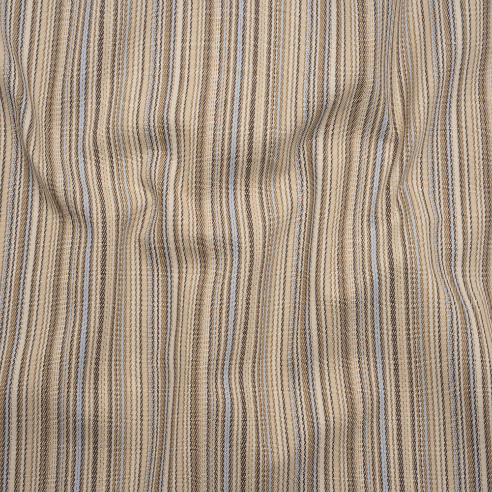 Stretch Cotton Twill - Tan, Light Blue and Dark Brown Barcode Stripes - Deadstock Stretch Cotton Twill - Tan, Light Blue and Dark Brown Barcode Stripes - Deadstock