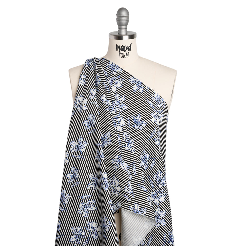 Stretch Rayon and Polyester Twill - Black, White and Blue Flowers over Stripes - Deadstock - Drape Stretch Rayon and Polyester Twill - Black, White and Blue Flowers over Stripes - Deadstock - Drape