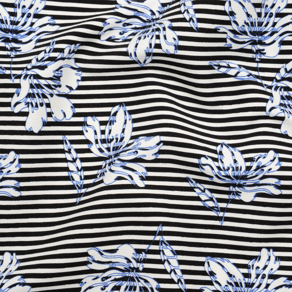 Stretch Rayon and Polyester Twill - Black, White and Blue Flowers over Stripes - Deadstock Stretch Rayon and Polyester Twill - Black, White and Blue Flowers over Stripes - Deadstock