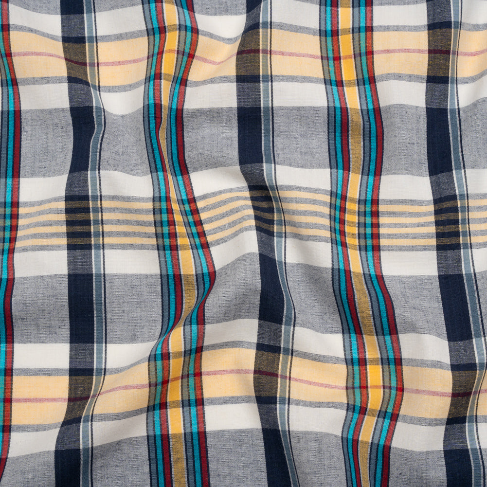 Cotton Shirting - Navy Blue, Yellow and Red Plaid - Deadstock Cotton Shirting - Navy Blue, Yellow and Red Plaid - Deadstock