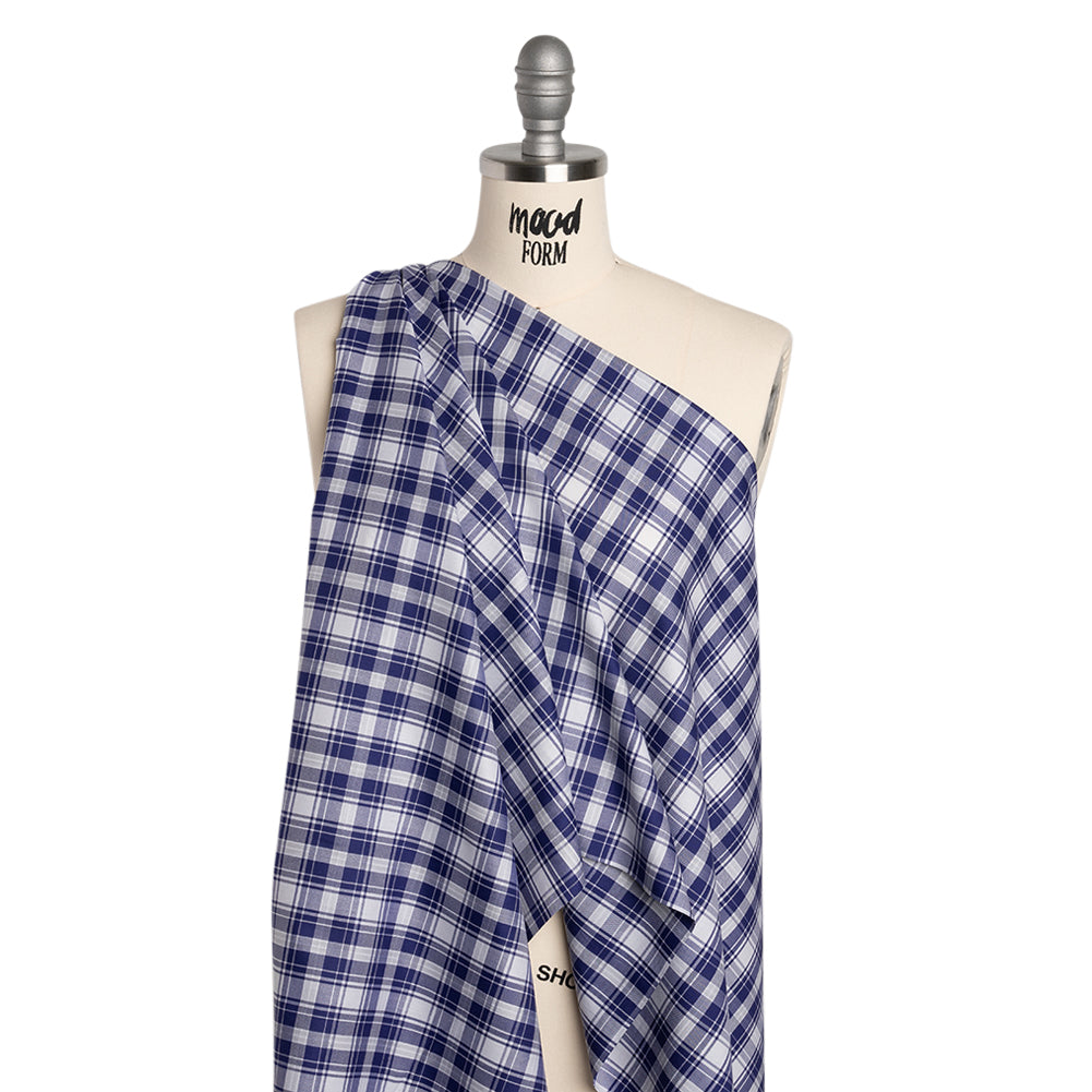 Cotton Twill Shirting - Cobalt Blue and White Plaid - Deadstock Cotton Twill Shirting - Cobalt Blue and White Plaid - Deadstock