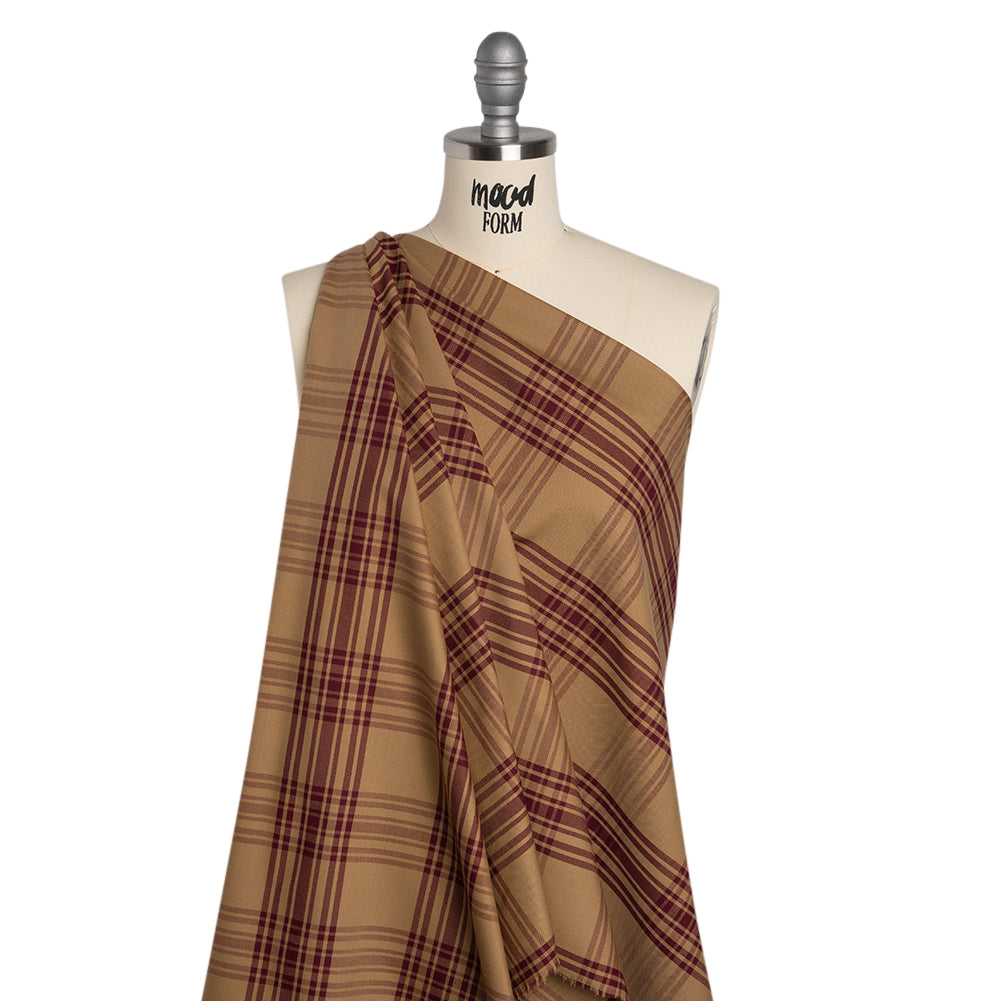 Cotton Oxford Shirting - Tan and Burgundy Plaid - Deadstock - Drape Cotton Oxford Shirting - Tan and Burgundy Plaid - Deadstock - Drape