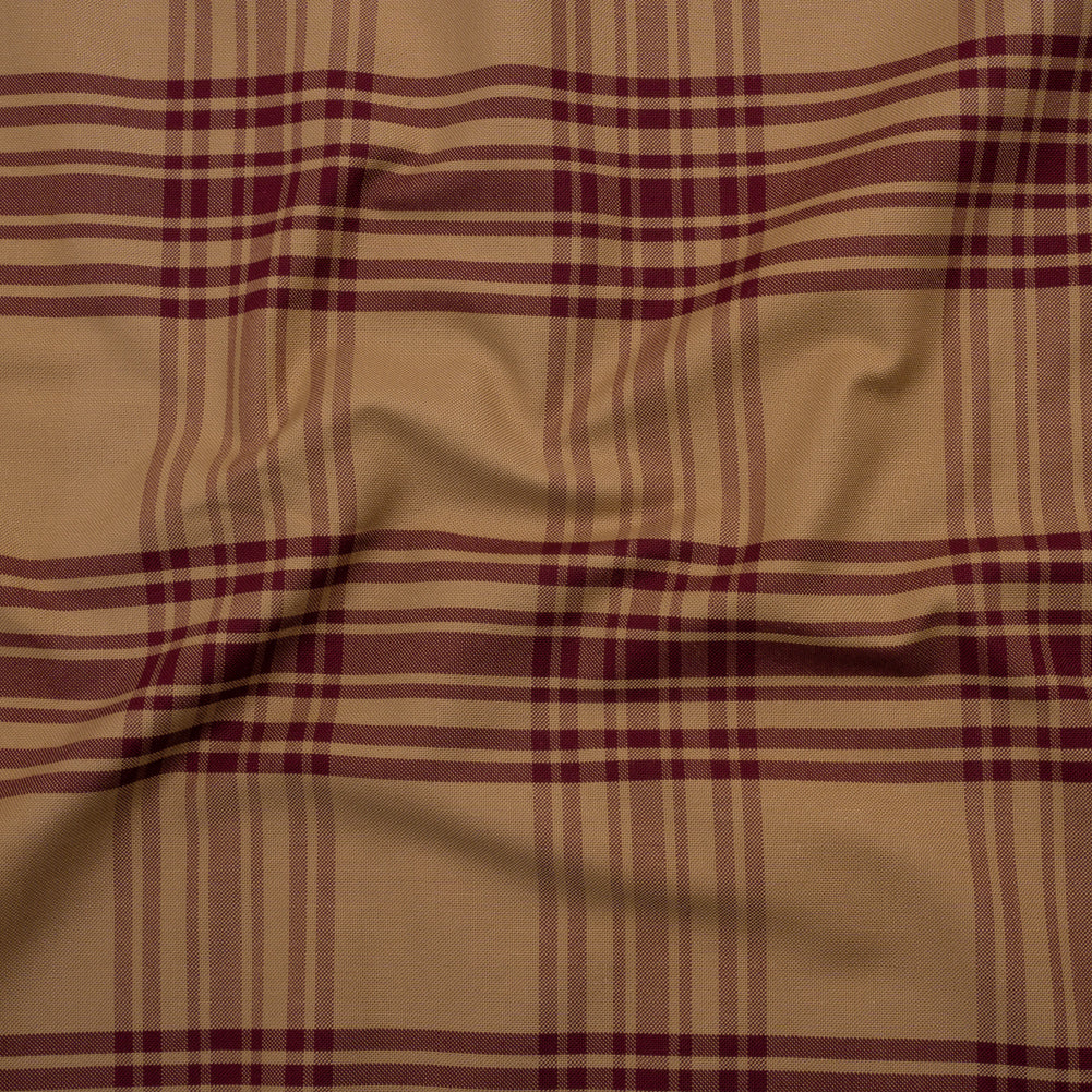 Cotton Oxford Shirting - Tan and Burgundy Plaid - Deadstock Cotton Oxford Shirting - Tan and Burgundy Plaid - Deadstock