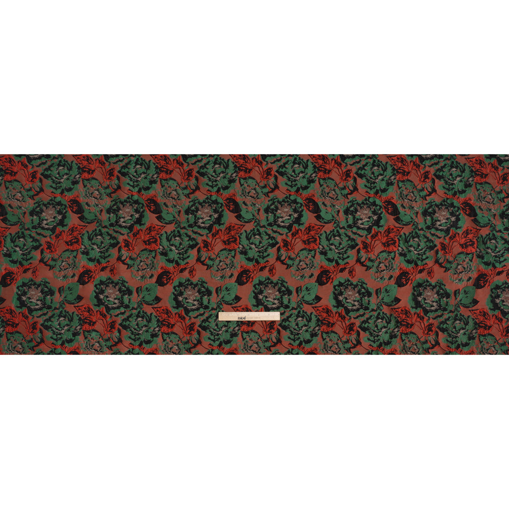 Polyester Brocade - Red, Green and Black Rose Garden - Deadstock Polyester Brocade - Red, Green and Black Rose Garden - Deadstock