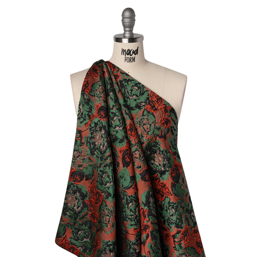 Polyester Brocade - Red, Green and Black Rose Garden - Deadstock Polyester Brocade - Red, Green and Black Rose Garden - Deadstock
