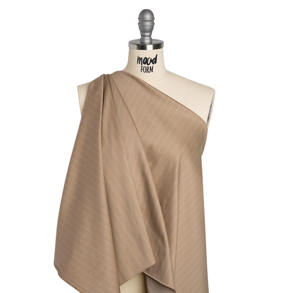 Stretch Cotton Sateen - Light Brown and White Pinstripes - Deadstock Stretch Cotton Sateen - Light Brown and White Pinstripes - Deadstock