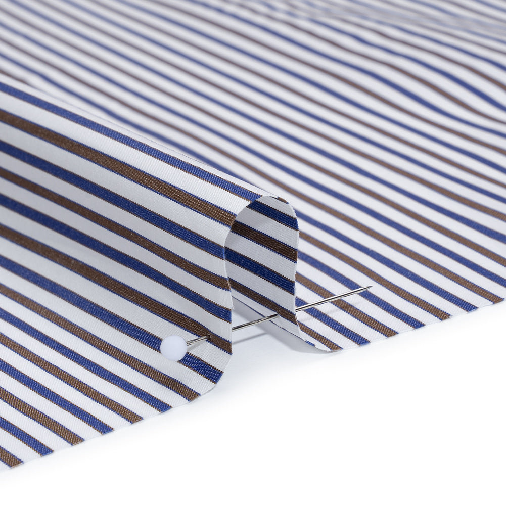 Cotton Shirting - Blue, Brown and White Stripes - Designer Deadstock Cotton Shirting - Blue, Brown and White Stripes - Designer Deadstock