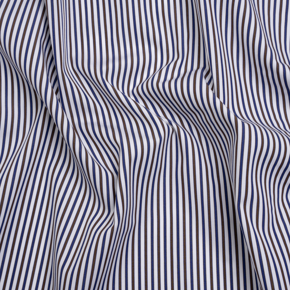 Cotton Shirting - Blue, Brown and White Stripes - Designer Deadstock Cotton Shirting - Blue, Brown and White Stripes - Designer Deadstock